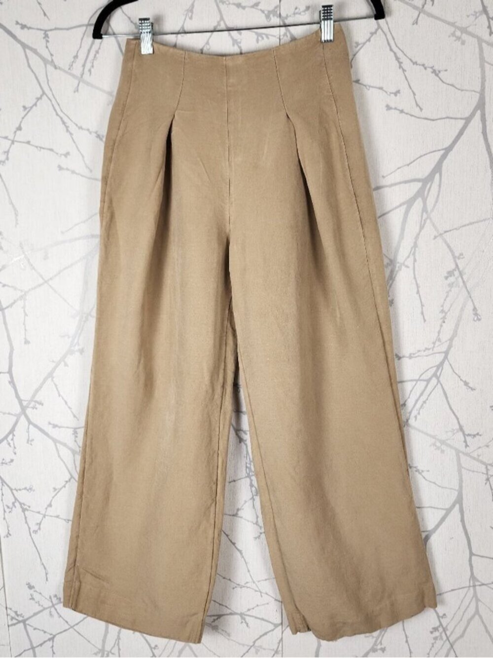 Oak + Fort Beige Pleated Linen Blend High Rise Wide Leg Ankle Pants